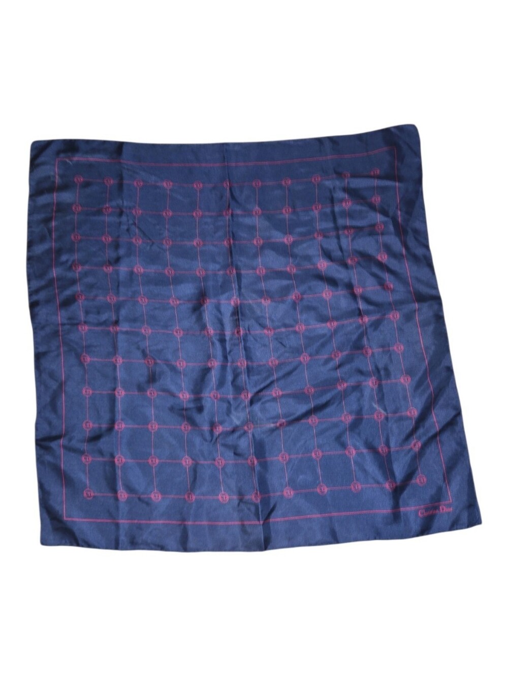 Vintage Christian Dior Navy Blue Square Scarf with Red Grid